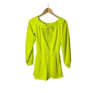 Trenvy Neon Green Sweatshirt Lace Up Neckline Romper Women's Size Small NWT